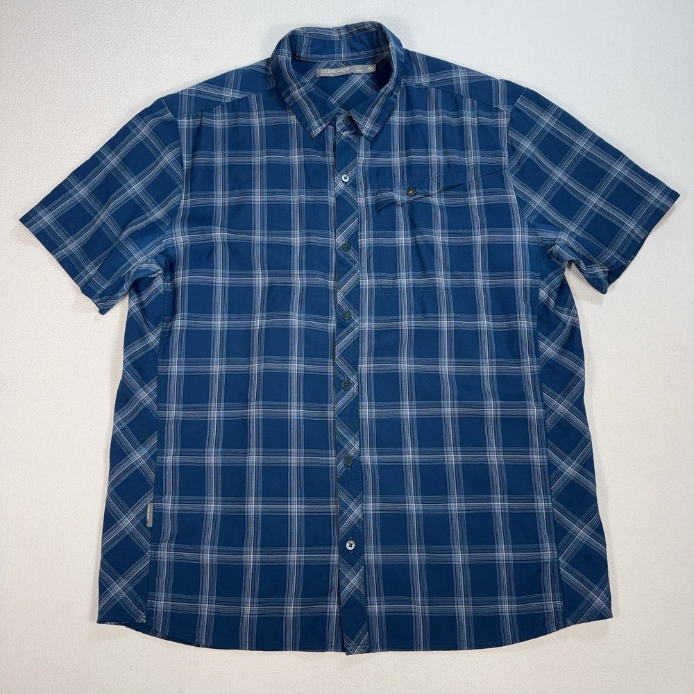 Icebreaker Departure Shirt Men XL Blue Plaid Merino Wool Pocket Hiking Button Up
